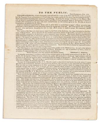 (CRIME.) Group of pamphlets and ephemera regarding the murder trial of the nefarious Rev. Ephraim Avery.